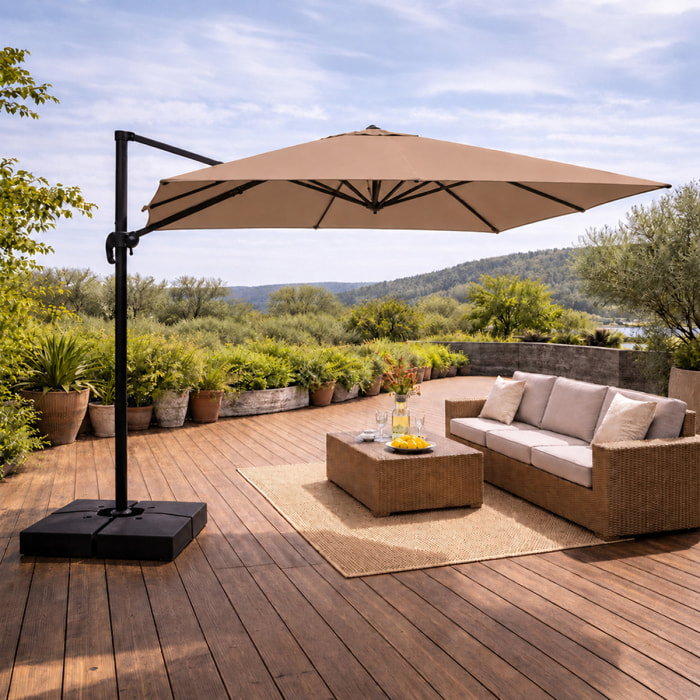 Parasol rectangulaire 3x4 déporté rotatif taupe en aluminium GHAZIE