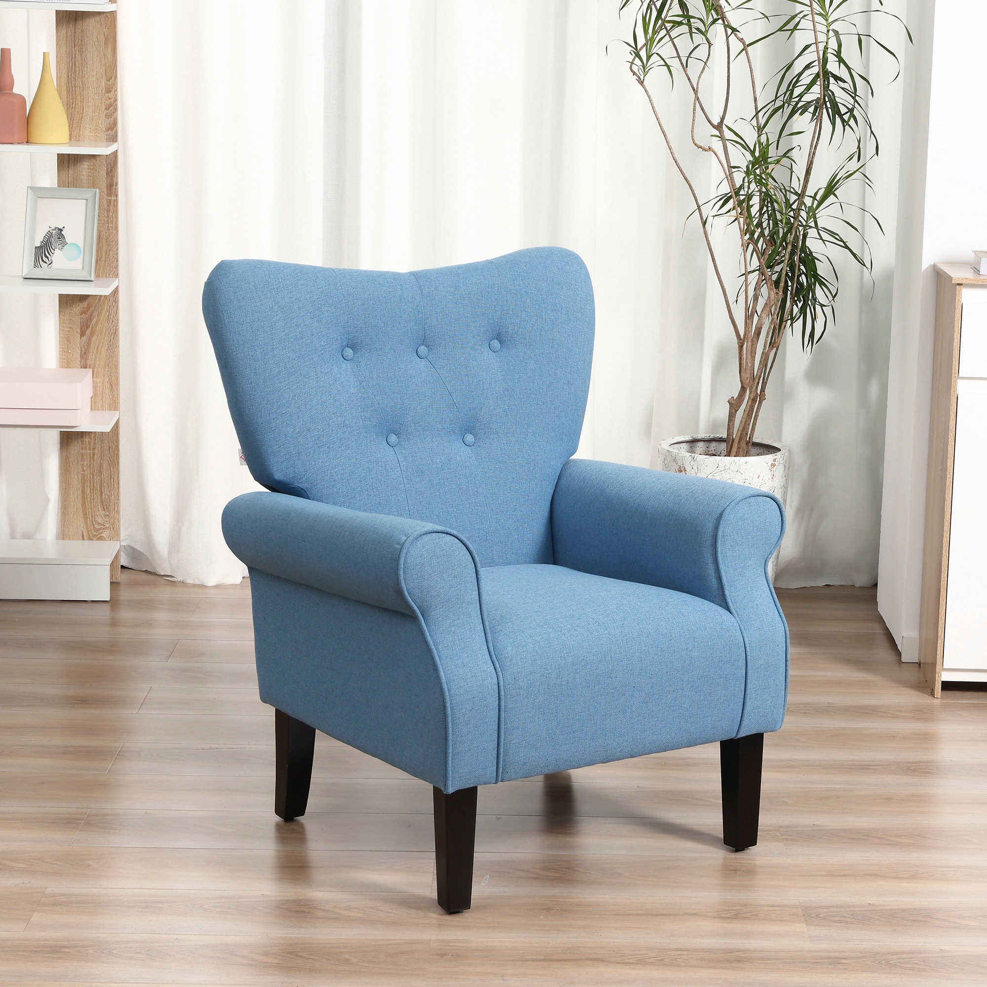 HOMCOM Butaca de Salón Tapizada en Tela Sillón Relax con Reposabrazos Asiento Acolchado y Patas de Madera Estilo Moderno para Dormitorio 78x74x97 cm Azul