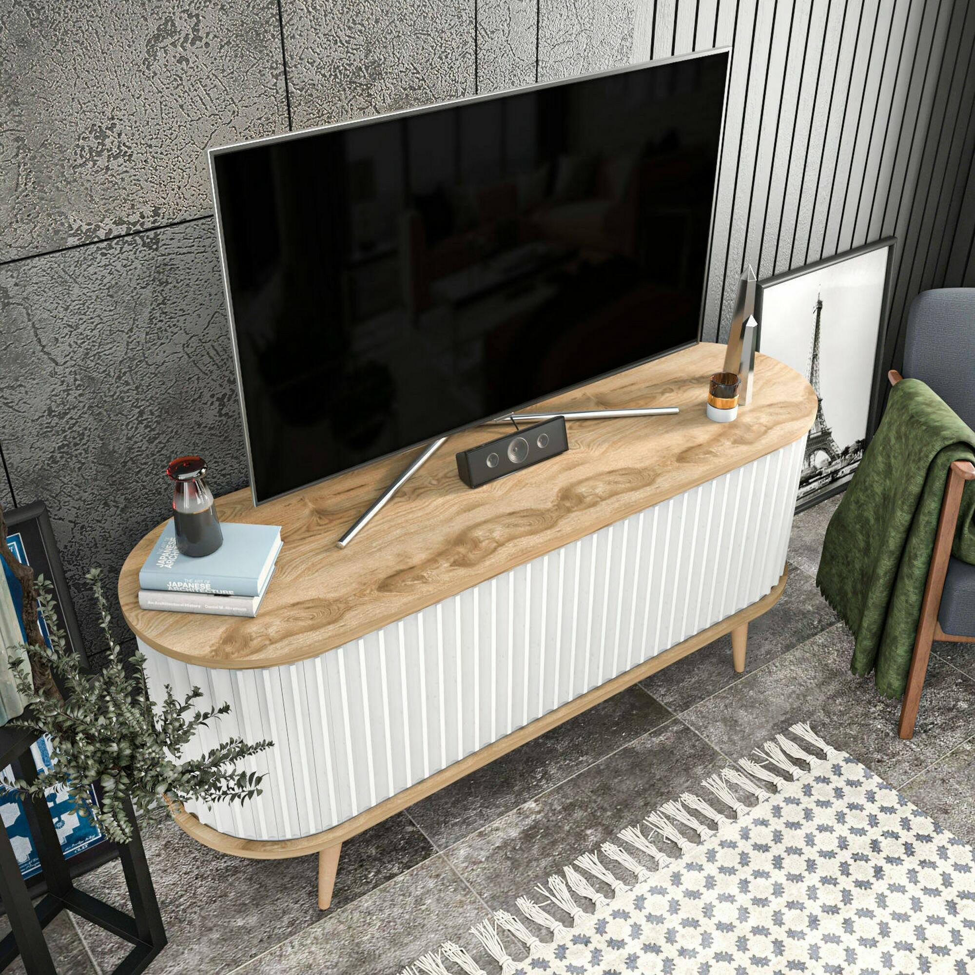 Mobile porta TV Desteve, Credenza da soggiorno, Armadio basso per TV, Base parete attrezzata, 140x43h64 cm, Quercia e Bianco