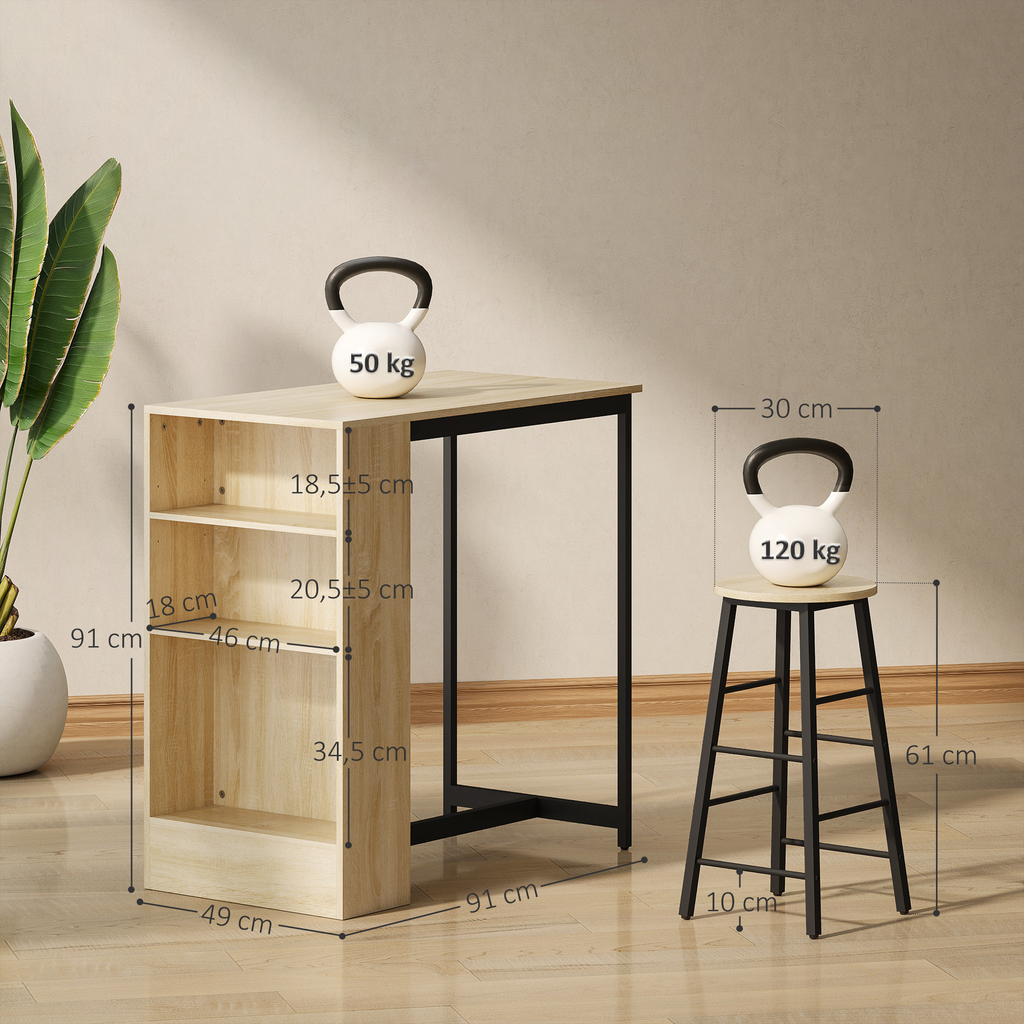 Conjunto Mesa Alta de Cocina con 2 Taburetes, Mesa Alta de Bar, Ahorro de Espacio, Marco de Acero, Reposapiés, 3 Compartimentos Abiertos, Estante Ajustable, para Comedor, Isla Cocina, Roble