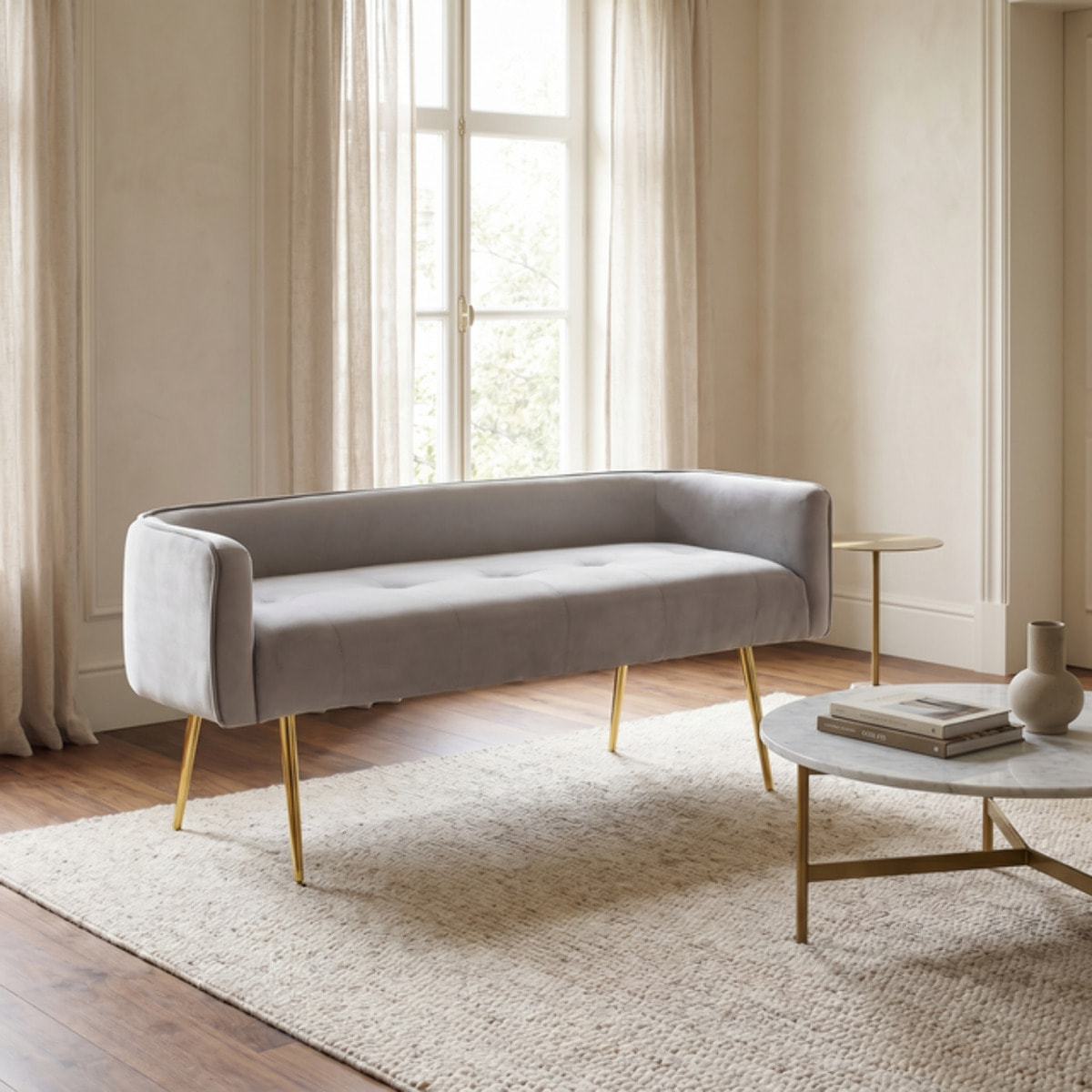 Divanetto Imbottito in Effetto Velluto con Braccioli e Gambe in Acciaio, Seduta Elegante dal Design Moderno per Camera da Letto, Ingresso, Soggiorno e Studio