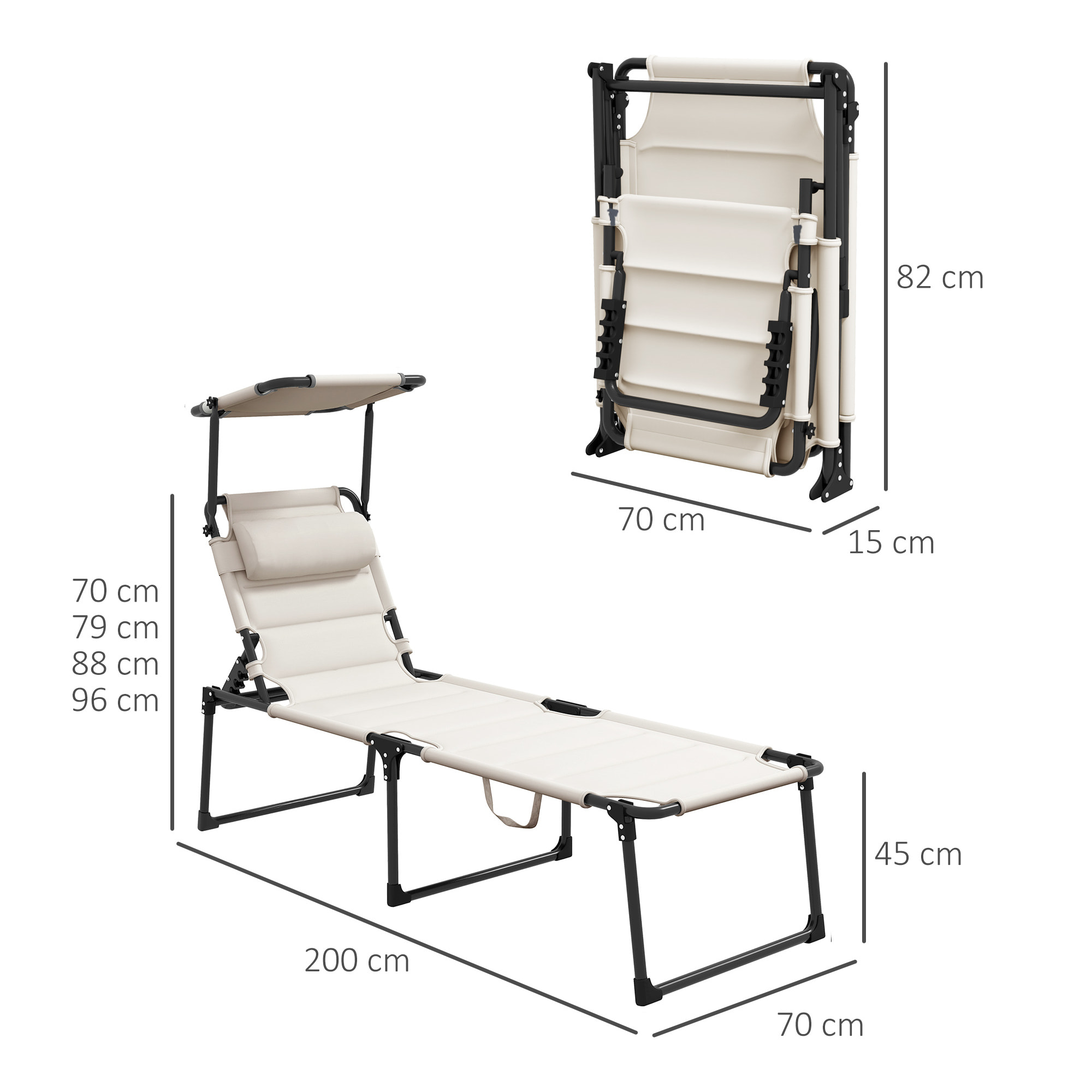 Tumbona Plegable Tumbona de Jardín con Toldo Ajustable Respaldo Regulable en 4 Niveles y Reposacabezas para Terraza Piscina 70x200x45 cm Crema