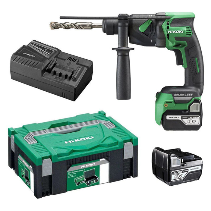 Perforateur SDS+ 18mm Brushless 18V 1,3J - HIKOKI- avec 2 batteries 5Ah - chargeur - HitCase II - DH18DPBWPZ