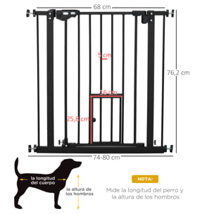 Barrera de Seguridad para Perros Barrera para Mascotas Extensible con Puerta Pequeño Cierre Automático y Sistema de Doble Bloqueo para Puerta Pasillo Escalera 74-80x76,2 cm Negro