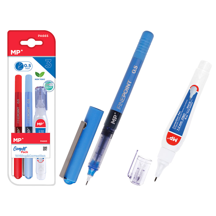 SET DE ESCRITURA: 2 rotuladores con punta de aguja y 1 corrector líquido tipo bolígrafo.