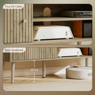 Meuble TV design effet cannelé naturel porte 2 niches bois de pin effet bois clair