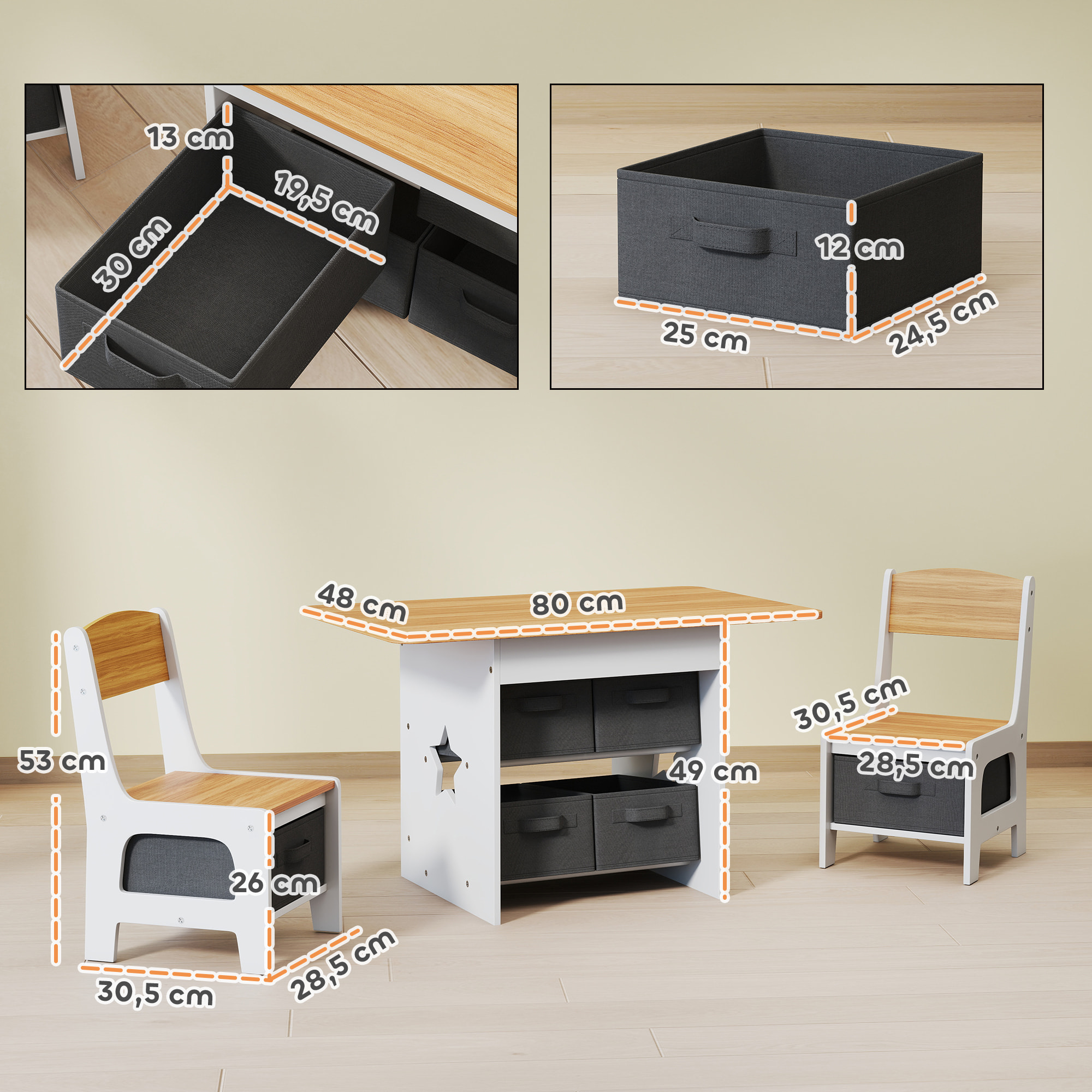 Mesa Infantil con 2 Sillas, Mesa y Sillas Infantil con 6 Cajones de Tela, Diseño Estrellas, para Niños y Niñas de 3-8 Años, para Hogar, Guardería, Aulas, Natural