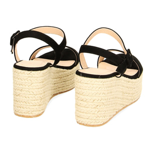 Zeppe nere in microfibra, platform in rafia 8,5 cm