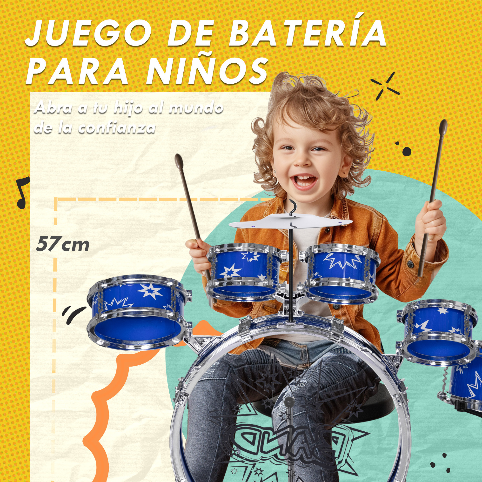 Batería Infantil con Taburete Batería para Niños de +3 Años con Tambores Bombo Platillo Pedal y Baquetas Diseño con Tema de Estrellas 65x22x57 cm Azul