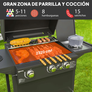 Outsunny Barbacoa de Gas BBQ Gas con 3+1 Quemadores 8,5 kW Barbacoa Portátil con Mesa Lateral Parrilla Termómetro 2 Ruedas Recogedor de Grasa para Exterior Jardín Camping Negro
