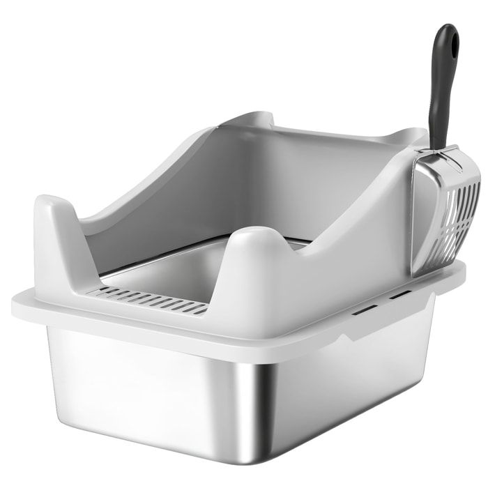 Bac à litière - bords hauts, nettoyage facile, anti-dispersion, pelle en métal -  acier inoxydable - 43,1x33,2x25,4cm, gris