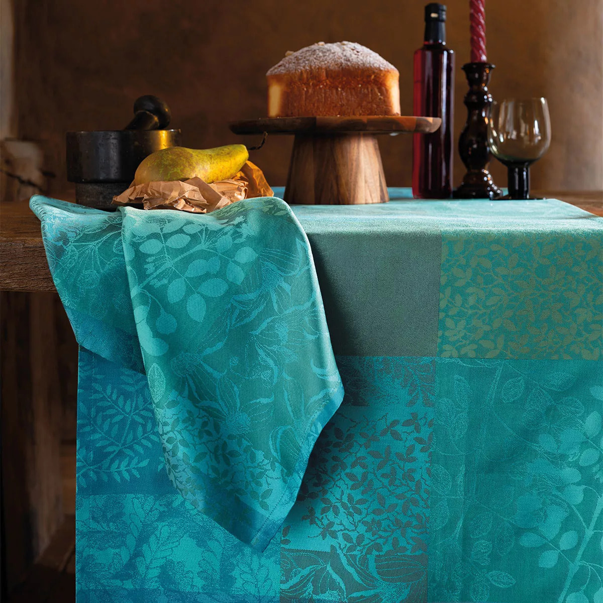 Set pur coton enduit motif jacquard Mille rameaux emeraude