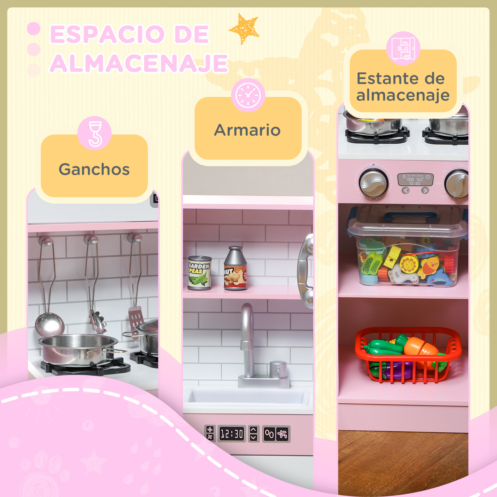 Cocina de Juguete Cocina para Niños de +3 Años Cocina Infantil de Madera con Accesorios para Cocinar Pizarra Máquina de Hielo y Teléfono 83,8x26,8x81 cm Rosa