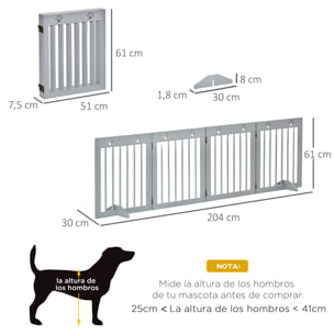 Barrera para Perros Plegable de 4 Paneles Barrera de Seguridad para Perros con Estructura de Madera y Patas de Apoyo para Pasillo Escalera 204x30x61 cm Gris Claro