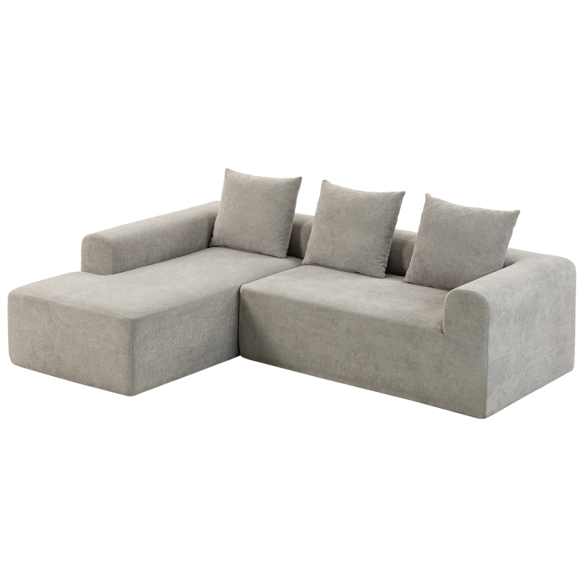Canapé d'angle design arrondi 3 places larges accoudoirs 3 coussins tissu chenille gris clair