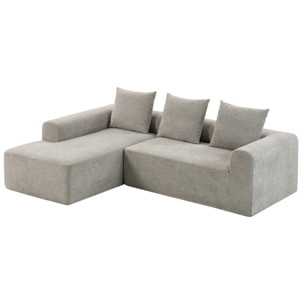 Canapé d'angle design arrondi 3 places larges accoudoirs 3 coussins tissu chenille gris clair