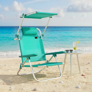 Chaise de plage pliable inclinable avec pare-soleil turquoise