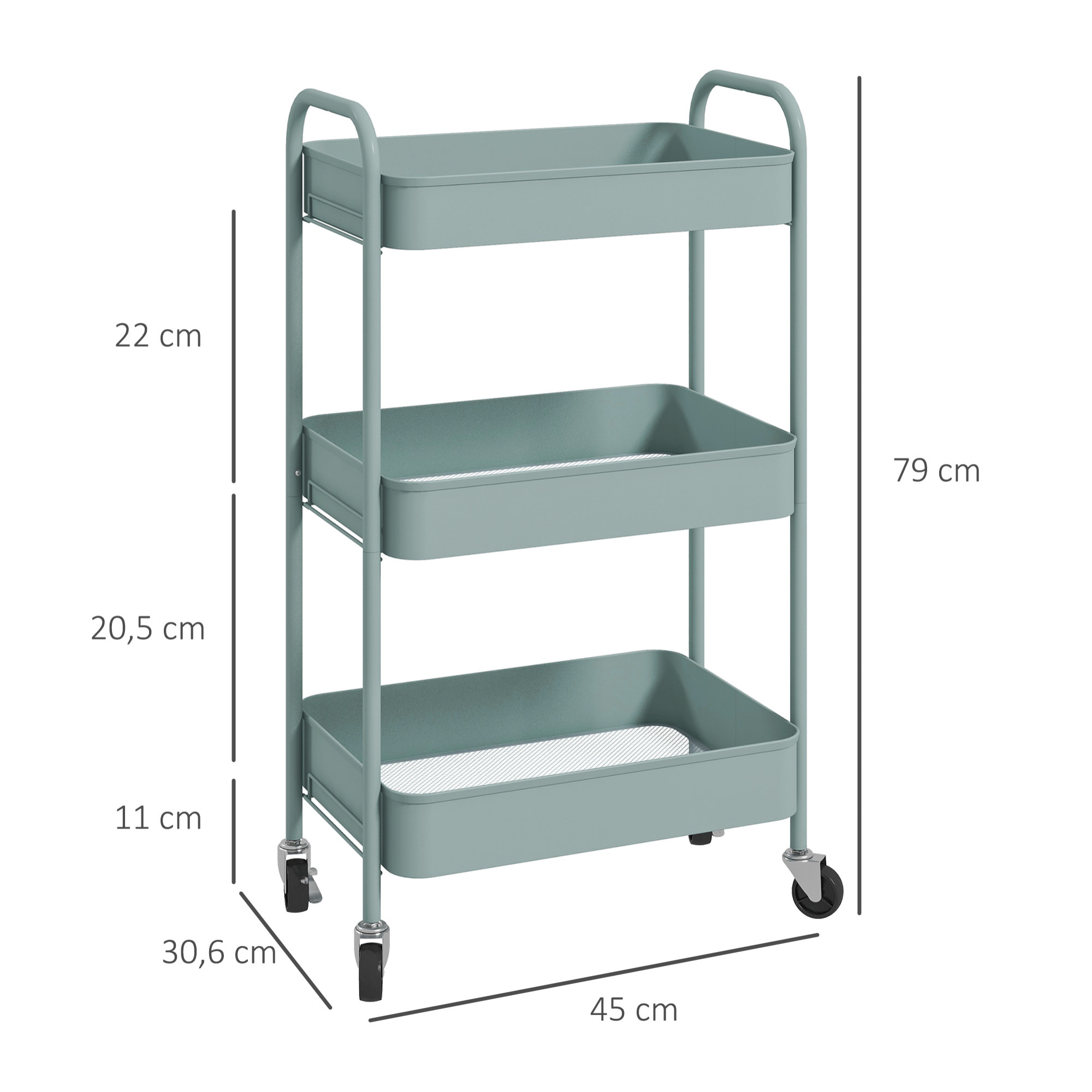 HOMCOM Carrito Auxiliar con Ruedas Carrito de Almacenamiento con 3 Cestas y Marco de Acero para Salón Dormitorio Oficina Cocina 45x30,6x79 cm Azul Claro