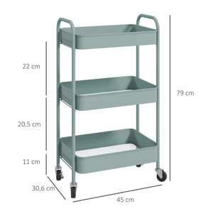 HOMCOM Carrito Auxiliar con Ruedas Carrito de Almacenamiento con 3 Cestas y Marco de Acero para Salón Dormitorio Oficina Cocina 45x30,6x79 cm Azul Claro