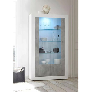 Vetrina moderna con scaffali, Made in Italy, Credenza con anta a vetro, Mobile da soggiorno, Vetrinetta, cm 110x42h190, colore Bianco lucido e Cemento