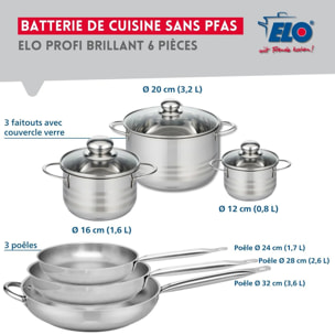Ensemble de 3 Poêles de cuisson 24, 28 et 32 cm et 3 faitouts 12, 16 et 20 cm Elo Profi Brillant