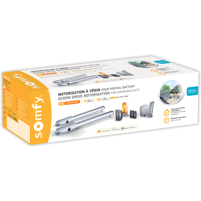 Motorisation de portail battant à vérin SGS Essential RTS - Livrée avec 2 télécommandes Keypop, feu orange, photocellules et batterie de secours