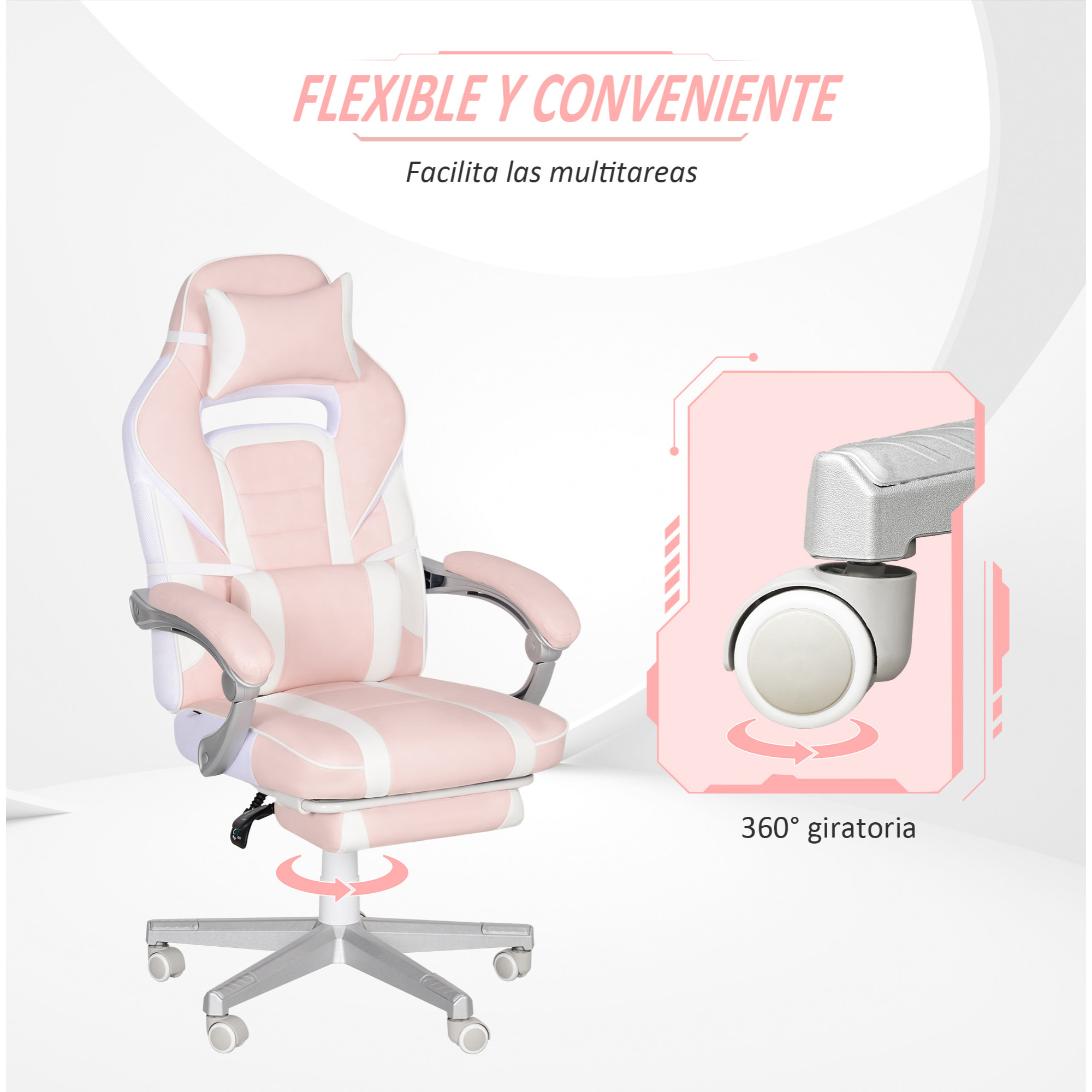 Silla Gaming Silla Gamer Reclinable con Altura Ajustable Reposapiés Retráctil Soporte Lumbar y Reposacabezas Desmontable Silla para Oficina Estudio Rosa