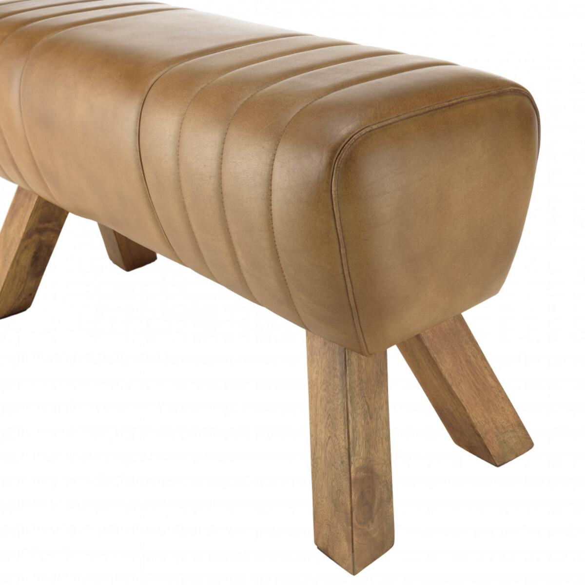 MARCEL - Banc matelassé cuir marron pieds inclinés en bois de manguier