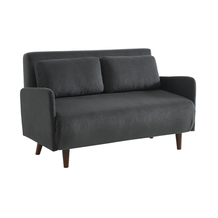 Canapé convertible 2 places scandinave velours côtelé gris foncé - Panam - pieds bois. banquette. dossier inclinable