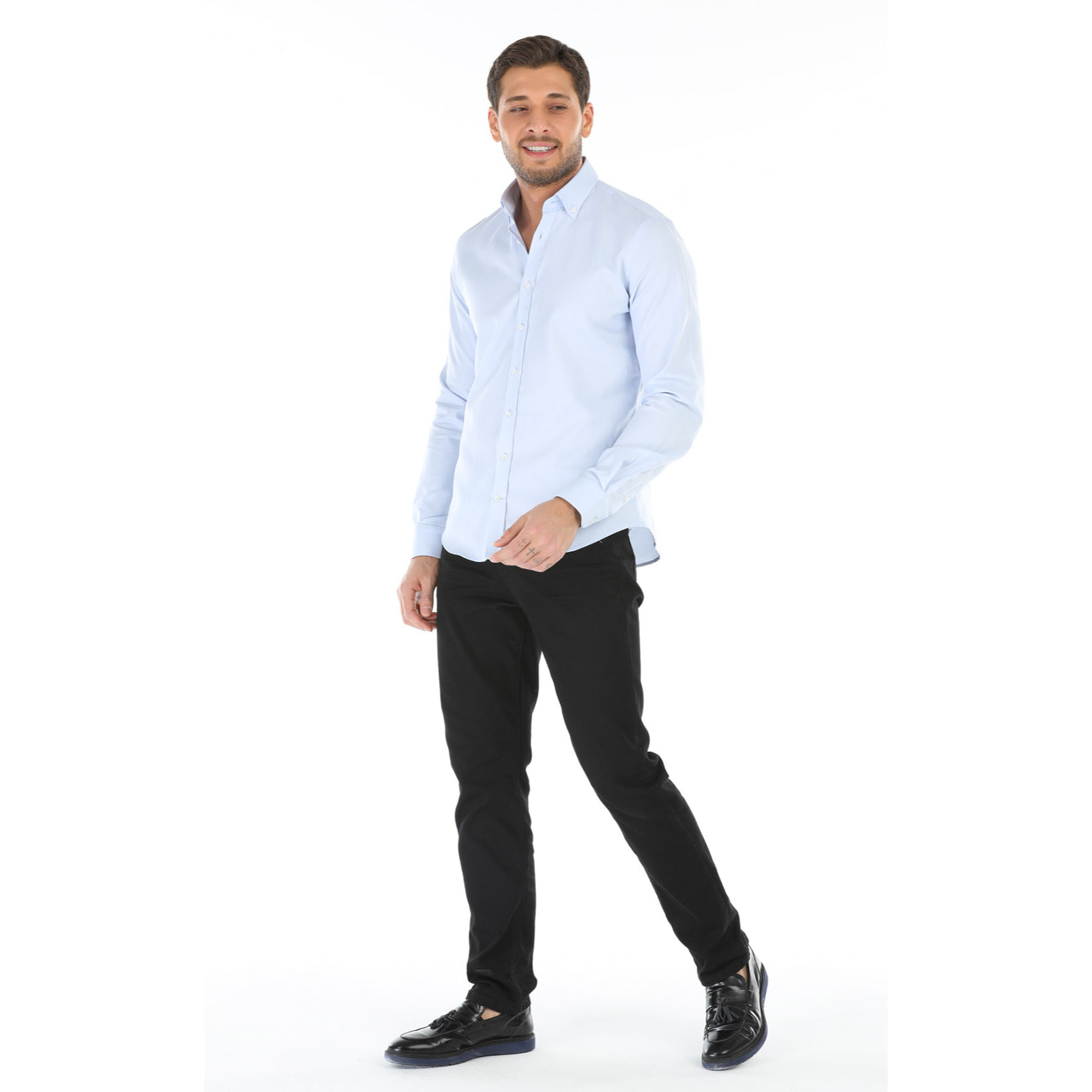 Camicia Uomo 1 Bottone Button Down Slim Oxford unito Celeste