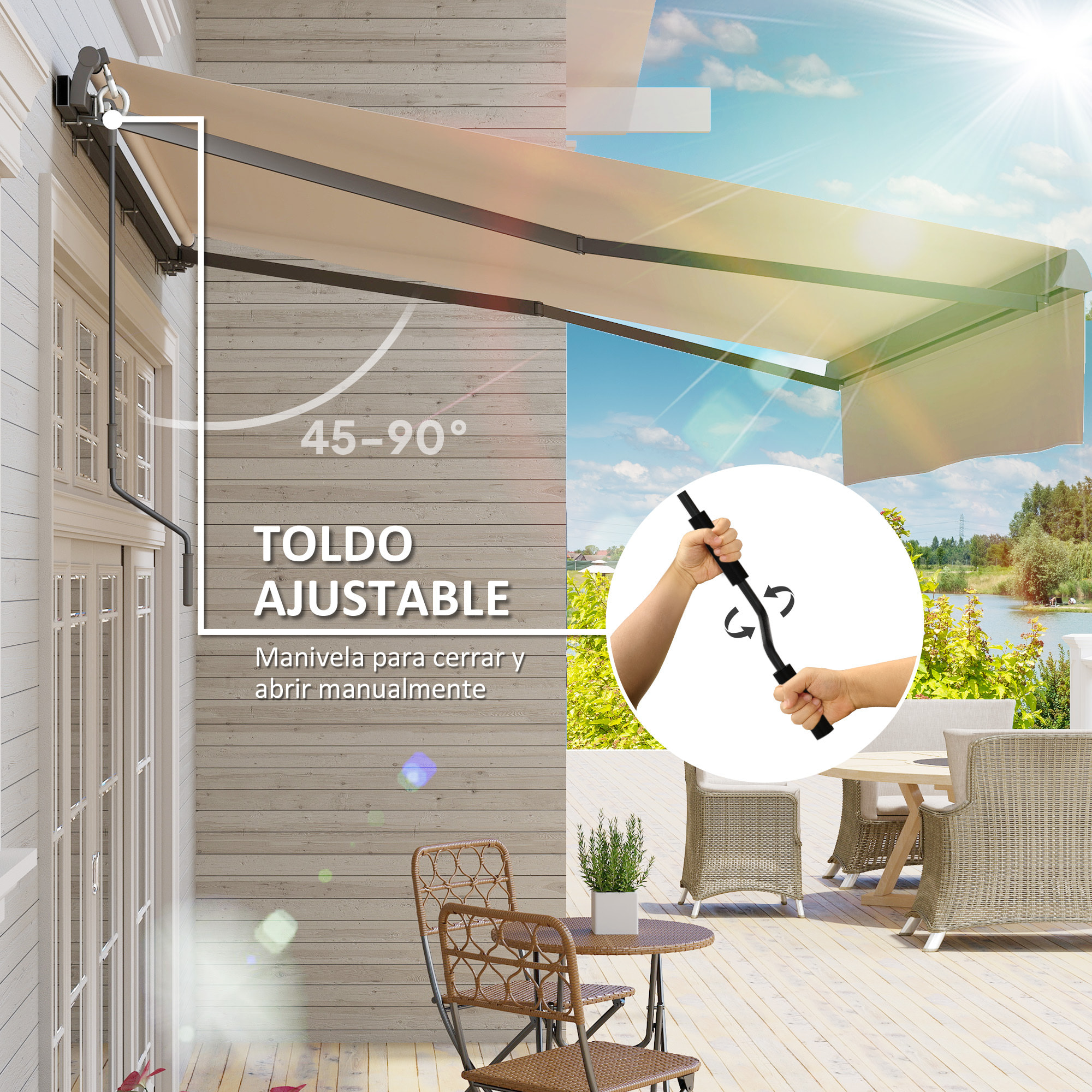 Toldo Manual Retráctil 3x2 m Toldo Exterior Terraza Enrollable Ajustable con Manivela Protección UV50+ Estructura de Aluminio y Metal para Balcón Jardín Crema