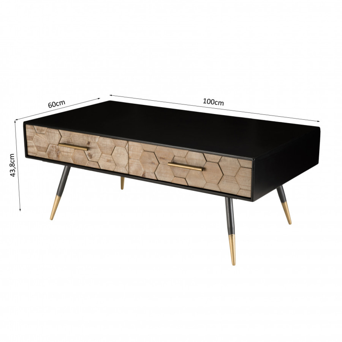 DALIE - Table basse noire rectangulaire 2 tiroirs scandi bois sapin marqueté pieds métal doré