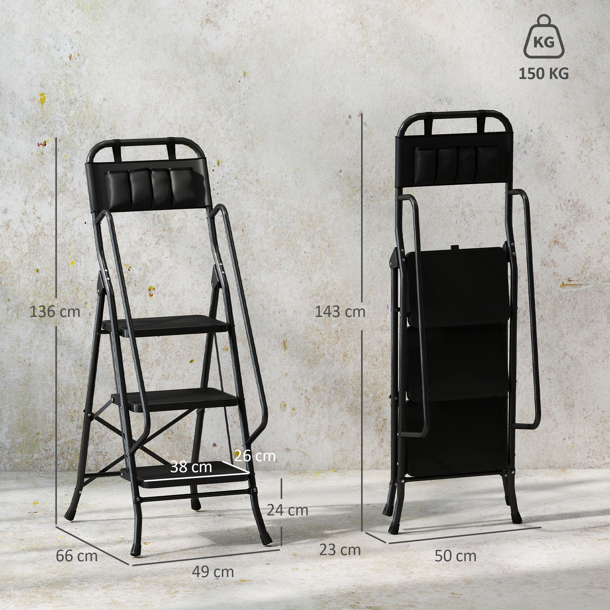 Escalera Plegable de 3 Peldaños con Bolsa de Herramientas, Escalera de Tijera, Carga 150 kg, con Peldaños Anchos Antideslizantes, Bloqueo de Seguridad, Apoyabrazos, Negro