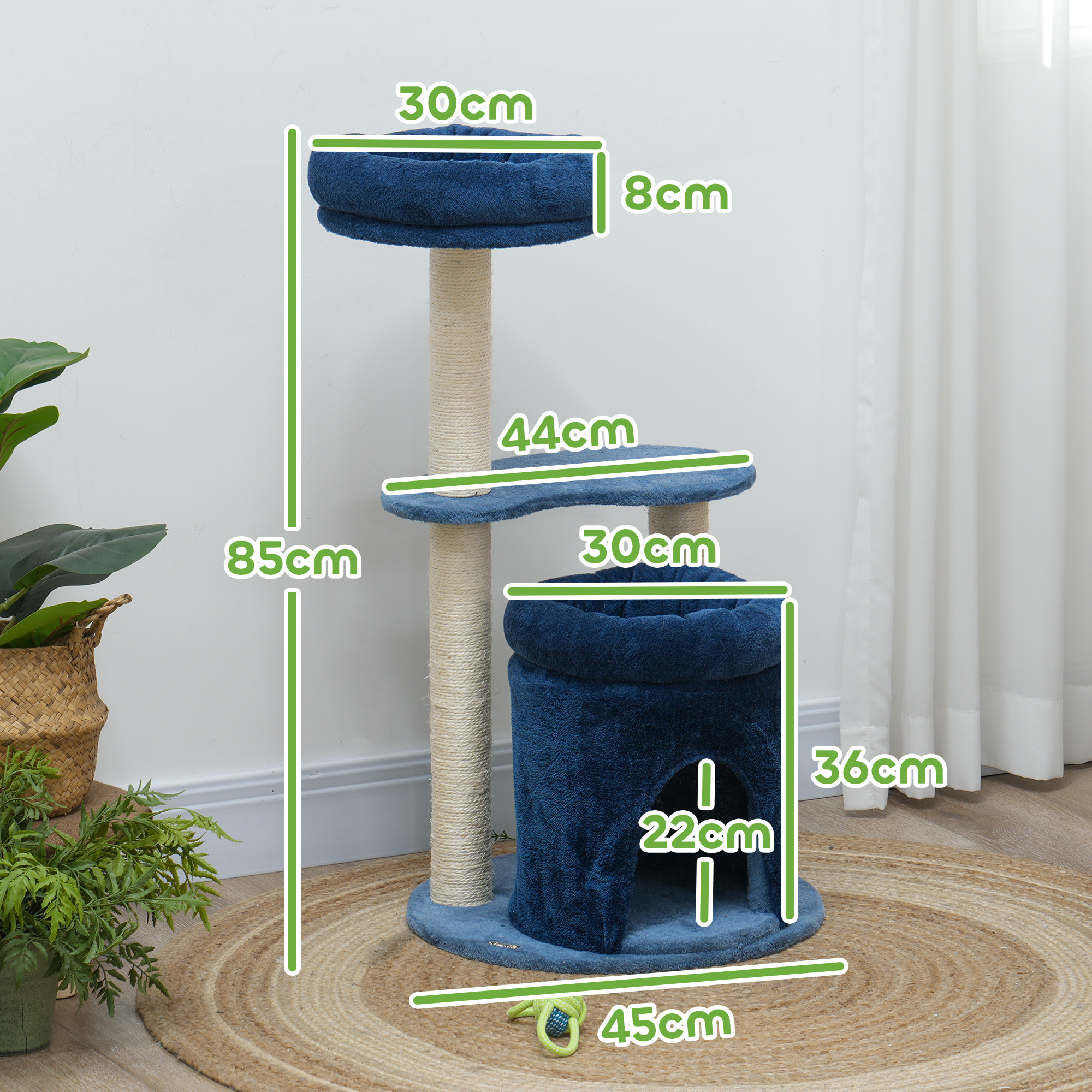 Arbre à chat design - niche, 2 plateformes, 2 coussins, griffoirs - peluche bleu roi