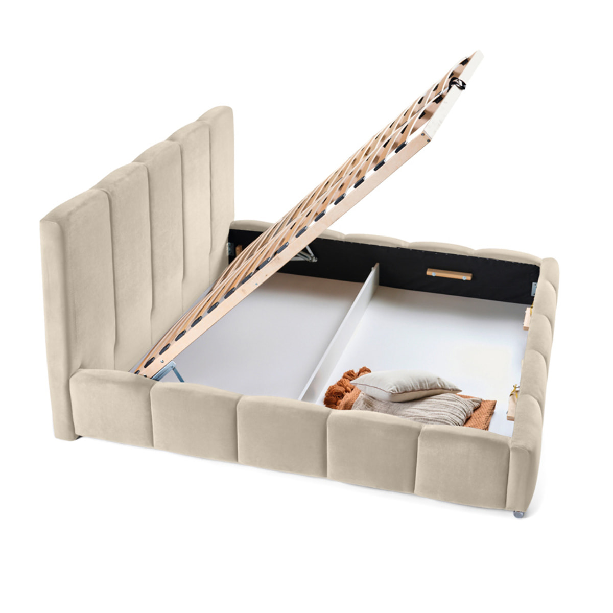 Torreon - lit coffre - 140x200 - sommier inclus - en velours - Beige