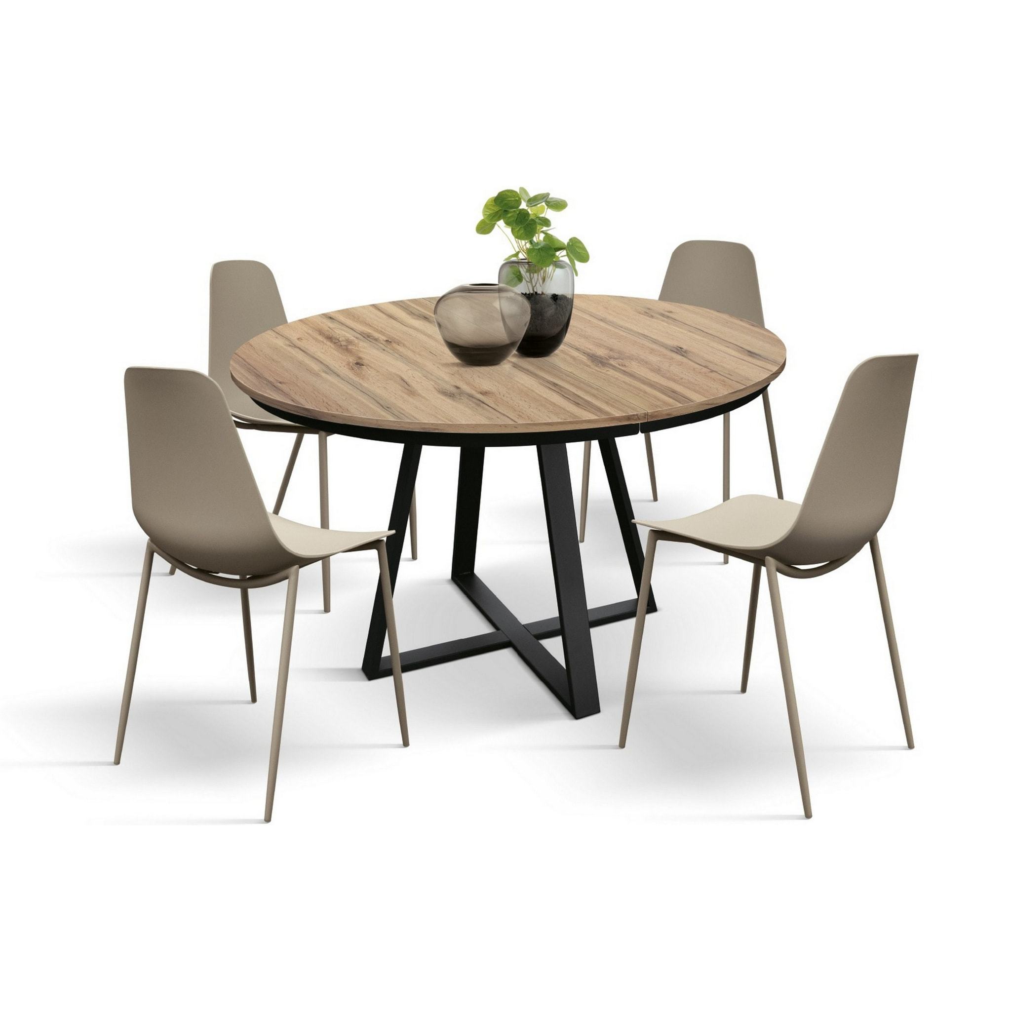 Tavolo rotondo PANTELLERIA in legno effetto rovere rustico con base a X in metallo antracite, allungabile ⌀120 cm - ⌀170 cm