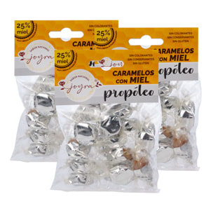 Pack de 3 paquetes de Caramelos de miel con propóleo, 100gr. Con un 25% de miel cruda y hechos con ingredientes 100% naturales.