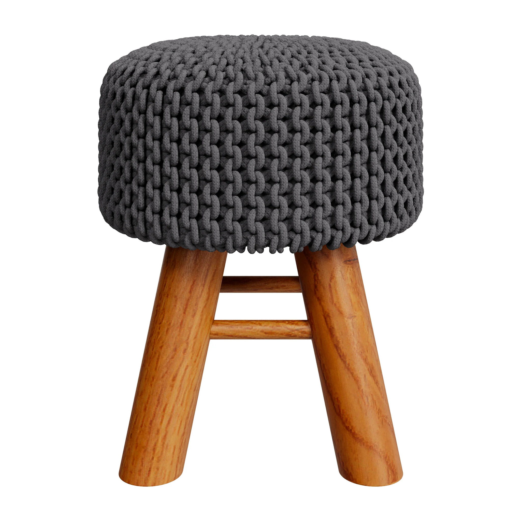 Petit tabouret rond en tricot coton gris foncé et pieds en bois - Lisa
