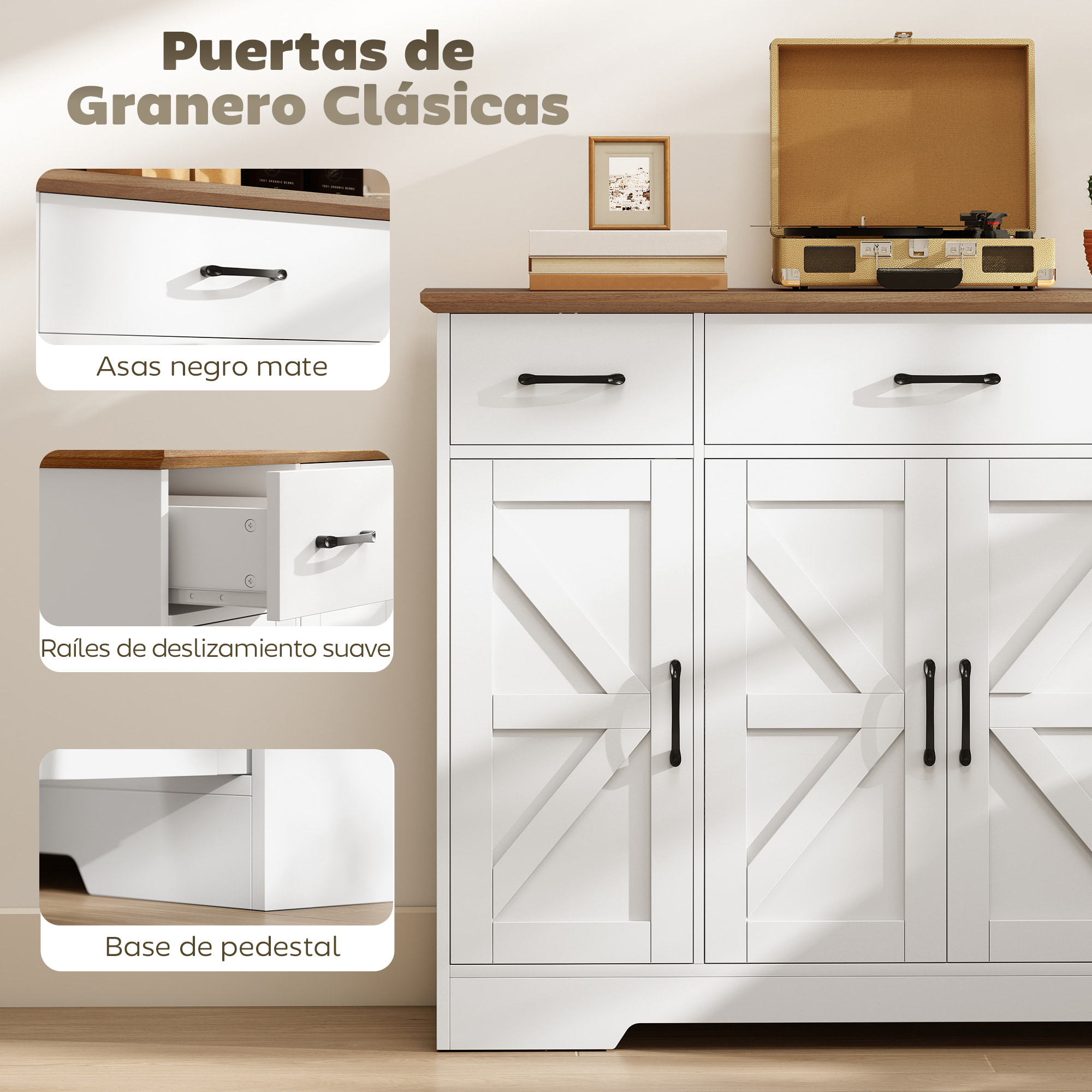 Aparador de Cocina Rústico, Armario de Cocina con 4 Estantes de Puerta, 3 Cajones, Estantes Ajustables, Puerta con Cierre Suave, Mueble de TV para 48-55 Pulgadas, 120x38x87 cm, Blanco y Nogal