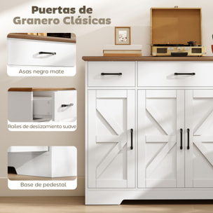 Aparador de Cocina Rústico, Armario de Cocina con 4 Estantes de Puerta, 3 Cajones, Estantes Ajustables, Puerta con Cierre Suave, Mueble de TV para 48-55 Pulgadas, 120x38x87 cm, Blanco y Nogal