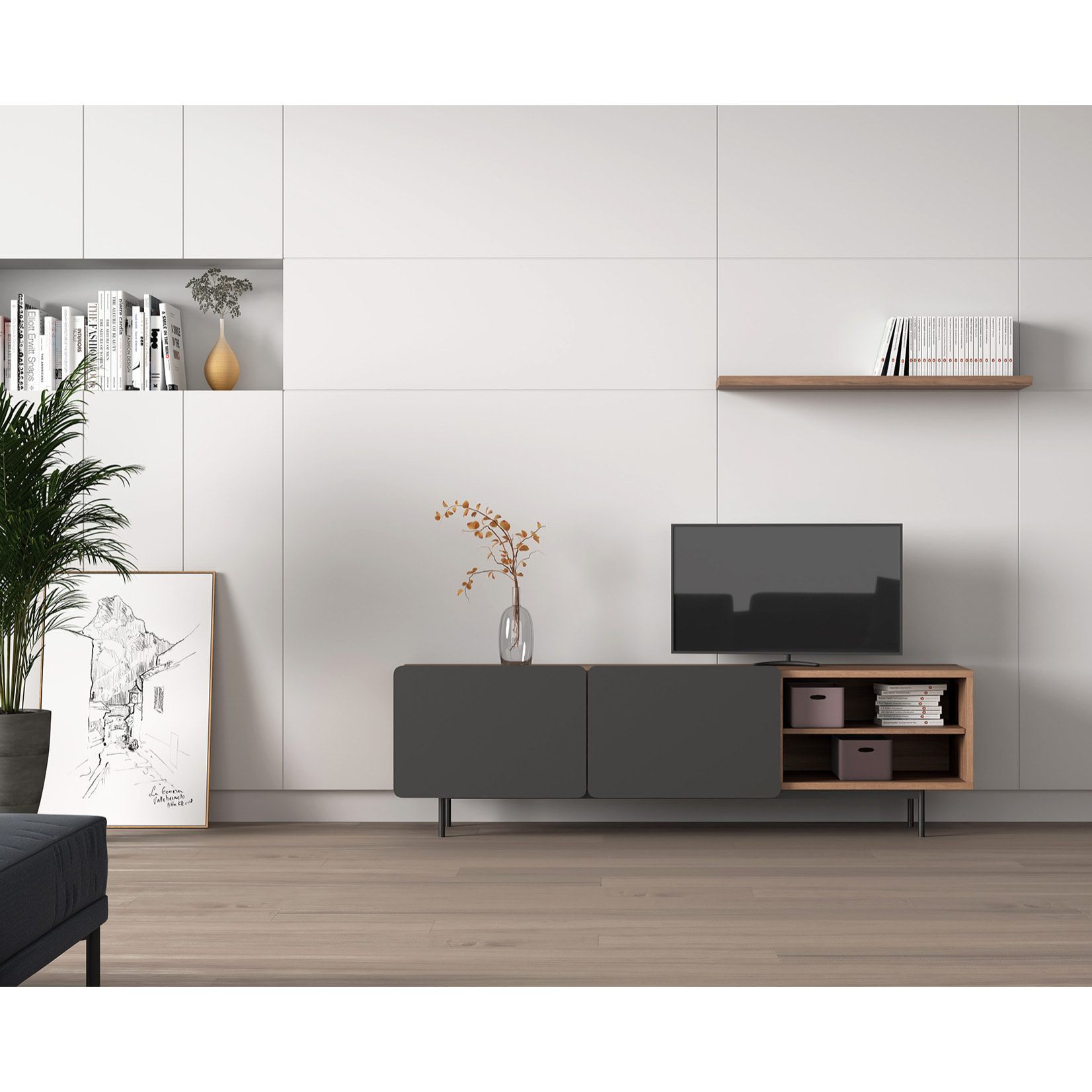 Bajo tv Biscuit nogal y grafito 54x180x44 cm