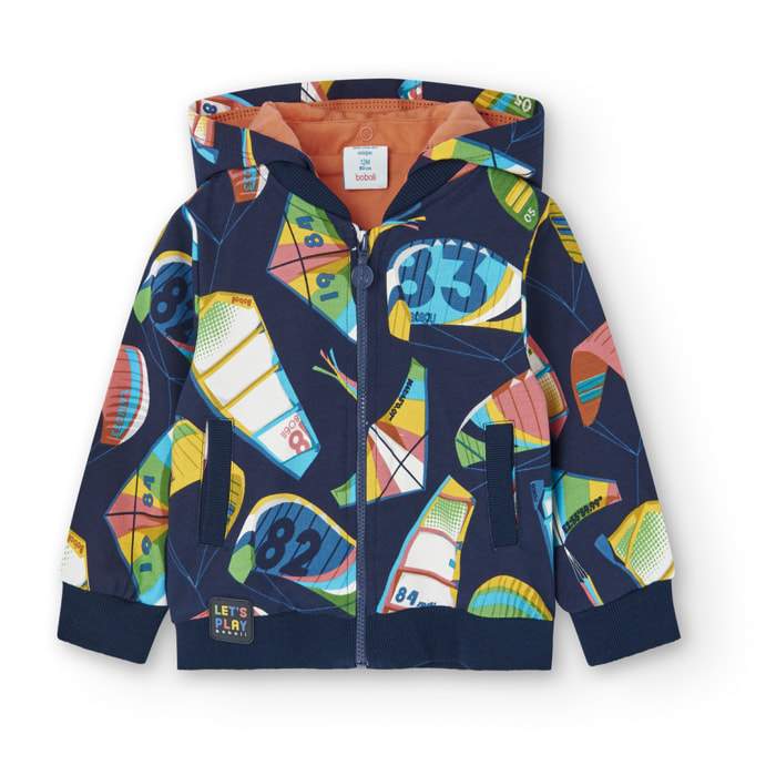 Chaqueta felpa niÃ±o, estampado, capucha desmontable, azul