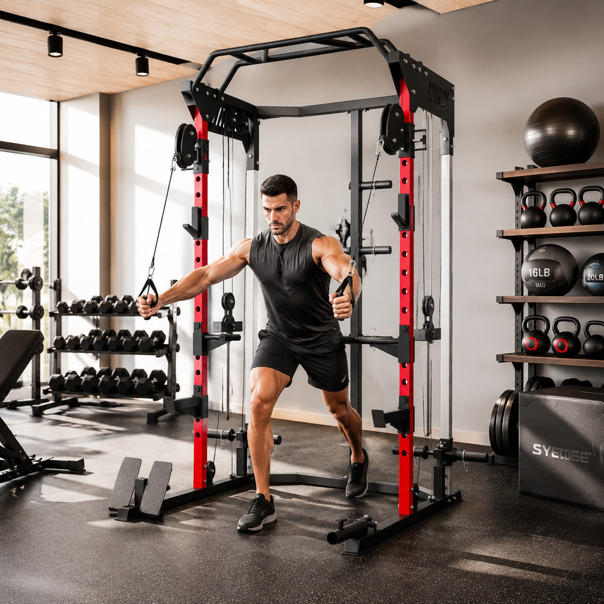 SPORTNOW Jaula de Potencia Musculación con Sistema de Poleas Ajustable, Rack para Sentadillas con Barra de Dominadas, Estación de Fondos, Soporte Barra, para Casa en Gimnasio, Carga 900 kg