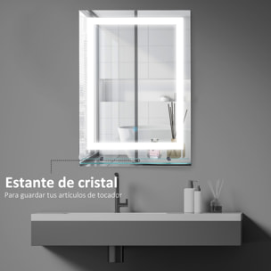 Espejo de Baño con Luces LED 70x50 cm Espejo para Baño con Marco de Aluminio Interruptor Táctil y Estante de Vidrio para Salón Entrada Plata