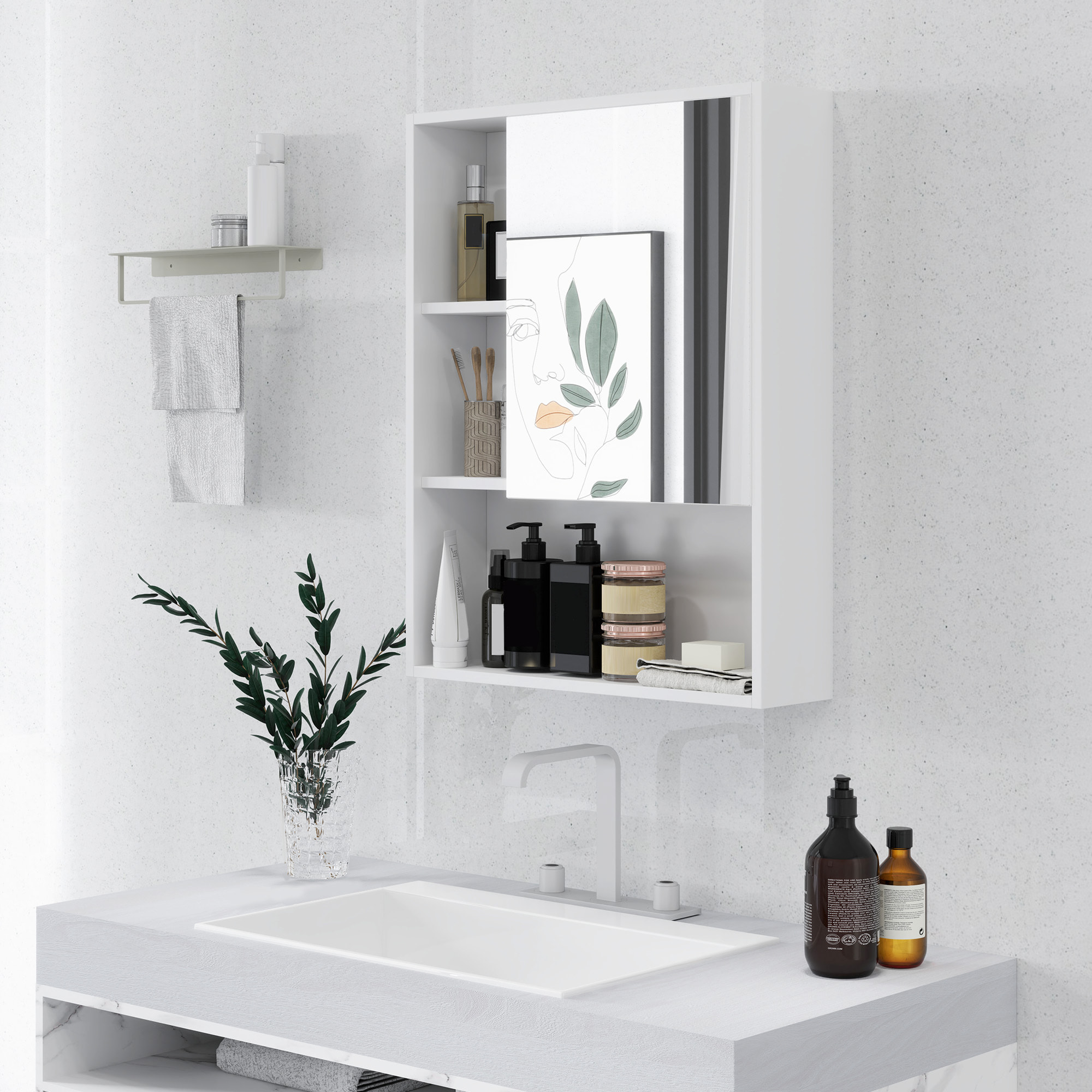 Armoire murale miroir salle de bain porte étagère 3 niches 60 x 15 x 76 cm blanc
