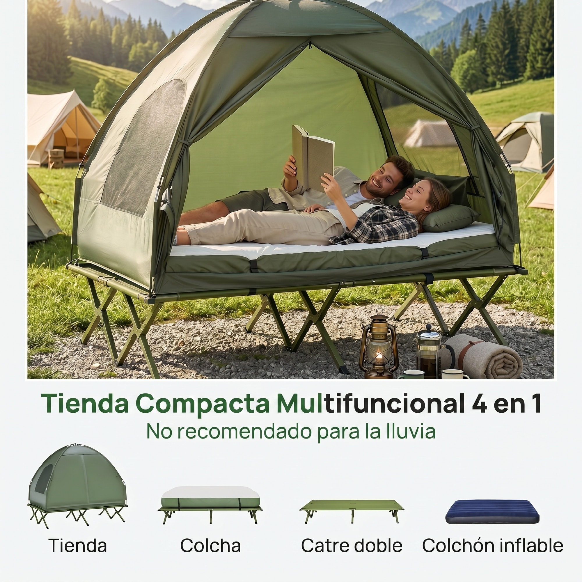 Outsunny Tienda de Campaña con Cama Doble Plegable 4 en 1 Cama de Campamento Elevada con Colchón Hinchable y Bolsa de Transporte de Tela Oxford 600D Acero 193x145x180 cm Verde