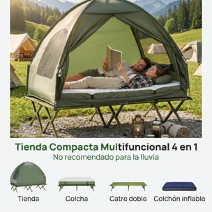 Outsunny Tienda de Campaña con Cama Doble Plegable 4 en 1 Cama de Campamento Elevada con Colchón Hinchable y Bolsa de Transporte de Tela Oxford 600D Acero 193x145x180 cm Verde