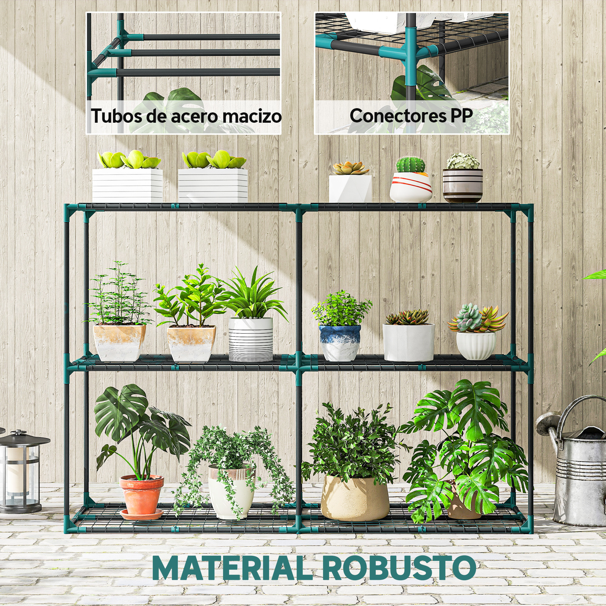 Soporte para Plantas de 3 Niveles para Interior y Exterior, Estantería para Plantas de Acero, Resistente y Estable, Estante para Macetas, Patio, Jardín, Balcón, Verde Oscuro