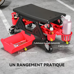 Tabouret d'atelier mobile chariot de mécanicien 2 en 1 - 3 plateaux outils - noir rouge