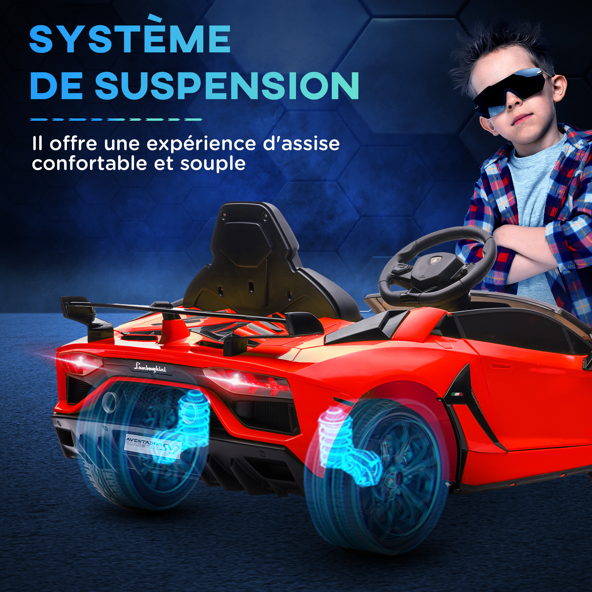 Voiture électrique enfant licence Lamborghini Aventador roadster SVJ télécommande effets sonores lumineux rouge